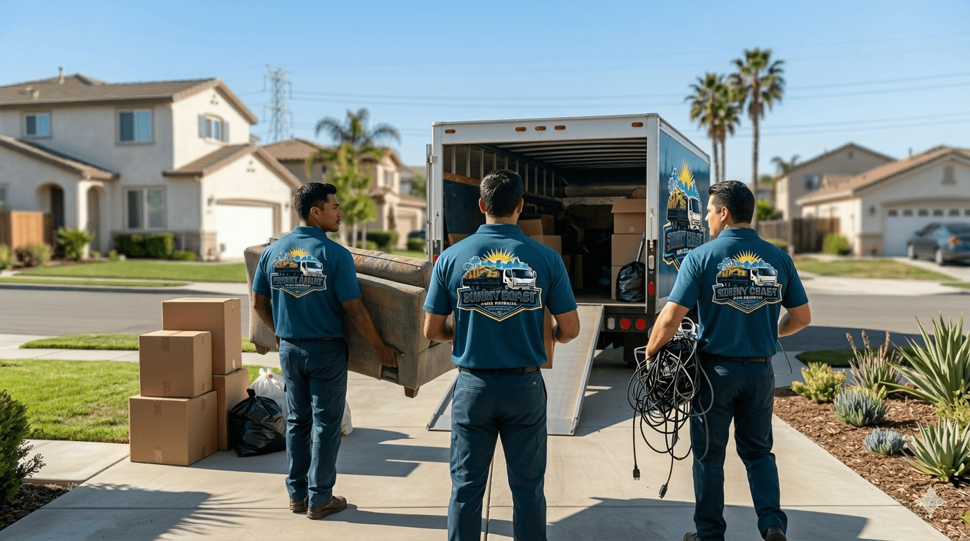 Movers in blue uniforms load furniture and boxes into a truck in a sunny suburb.